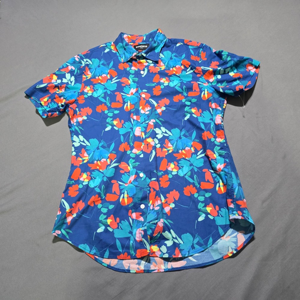Bonobos Button Down Men Medium Blue Floral Stretch Slim Fit Short Sleeve Shirt
